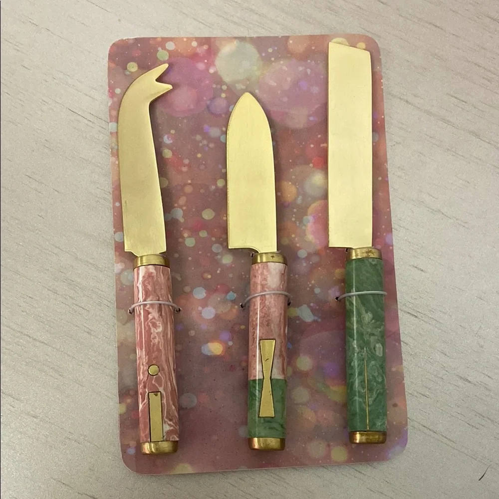 Anthropologie, Gold and Marble Cheese Knife Set, Pink and Green, Set of 3, NEW